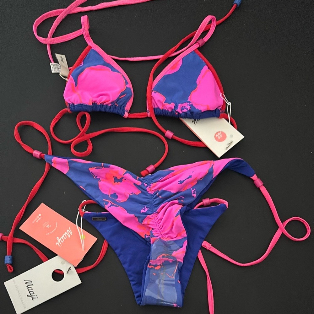 New Maaji Sunny Cobalt Blue Pink Colombian Bikini Set Cheeky Reversible - NWT
